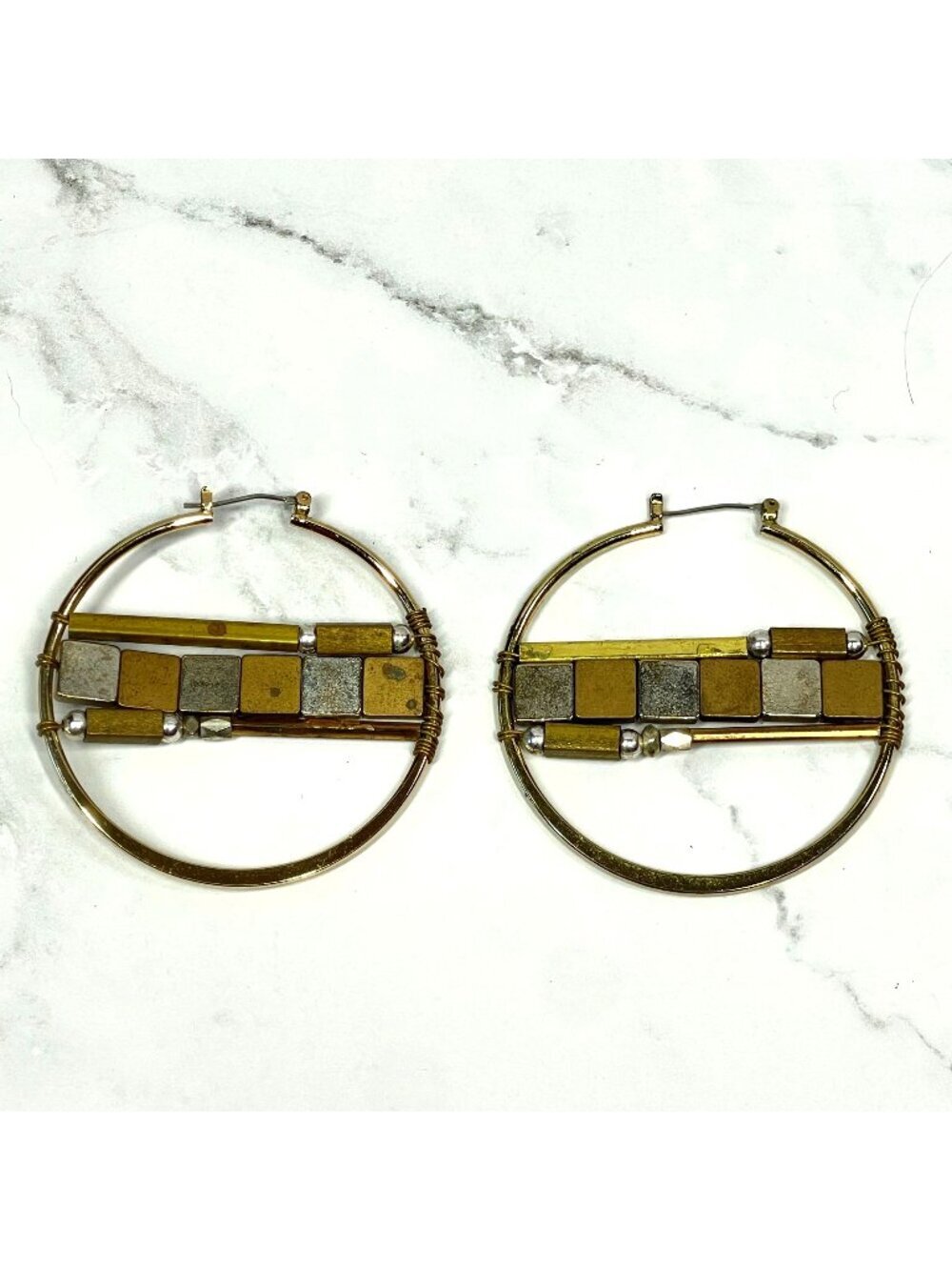 Vintage 80s Modernist Geometric Mixed Metal Earrings Gold Silver Wearable Art 2"